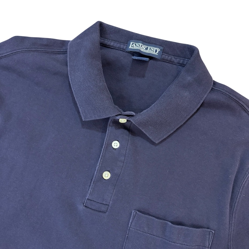 LANDS END Polo Shirt Mens L Navy Blue Short Sleeve Pocket Pima Cotton Casual Top